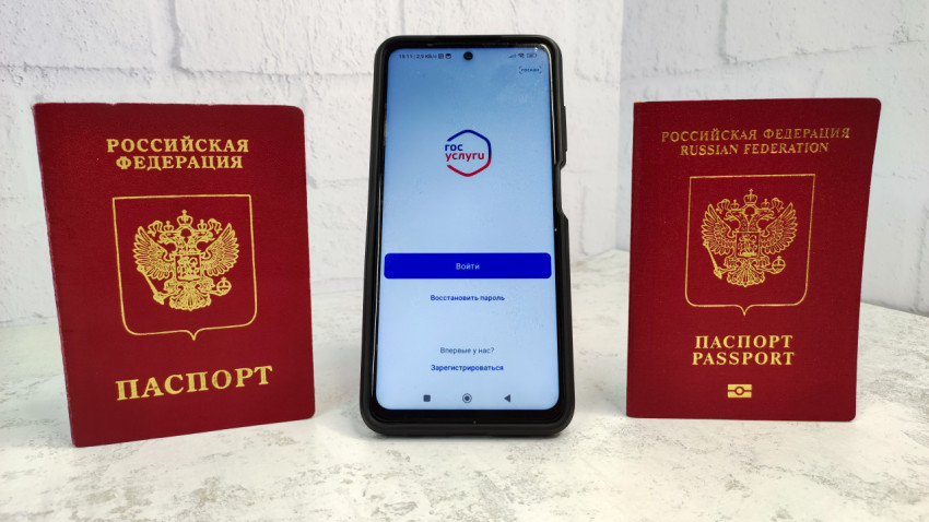 Смартфон с приложением Госуслуги и два заграничных паспорта России