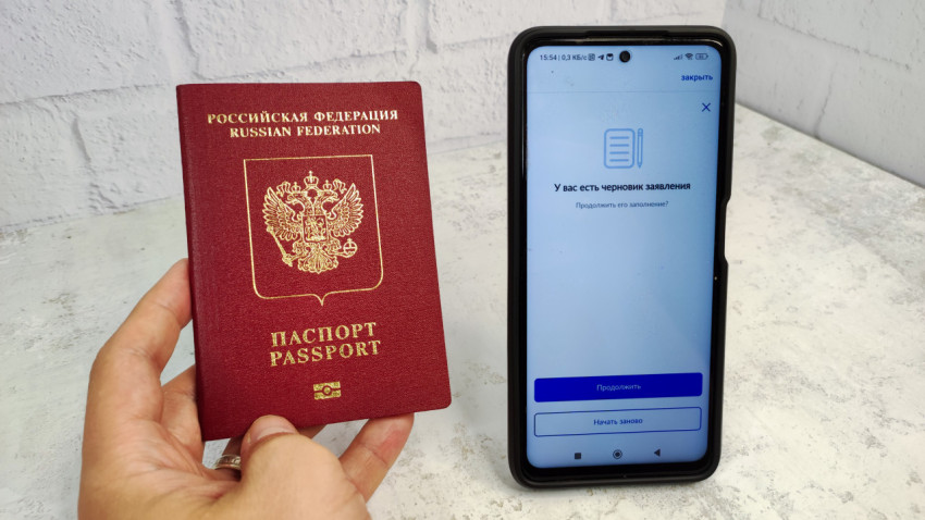 Загранпаспорт РФ в руке и смартфон с приложением Госуслуги