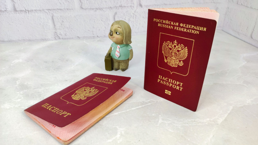 Загранпаспорт РФ и фигурка персонажа с чемоданом