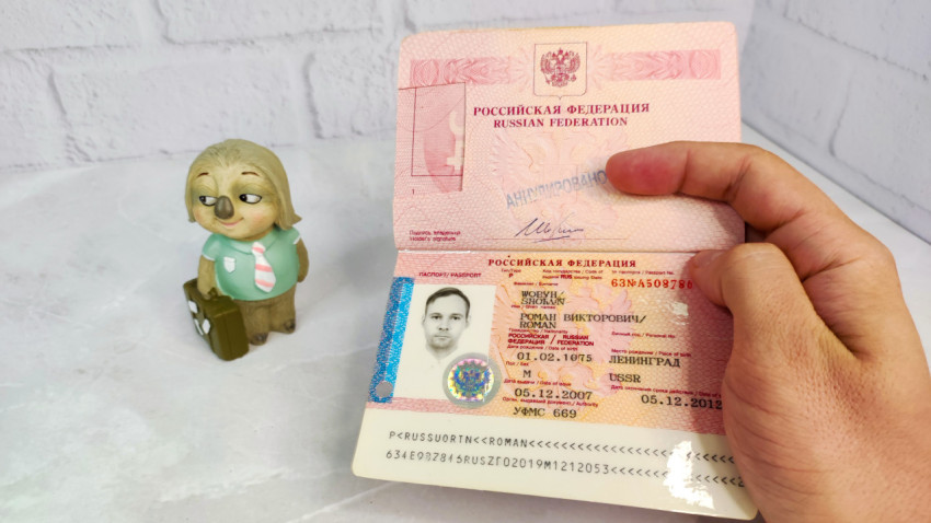 Разворот загранпаспорта РФ с фото и фигурка персонажа с чемоданом