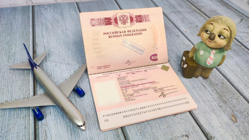 Аннулированный загранпаспорт РФ с игрушкой и моделью самолета