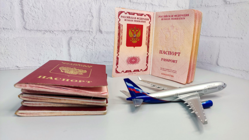 Российские загранпаспорта и модель самолета