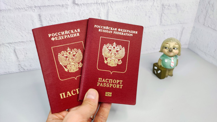 Два загранпаспорта РФ в руке и фигурка персонажа