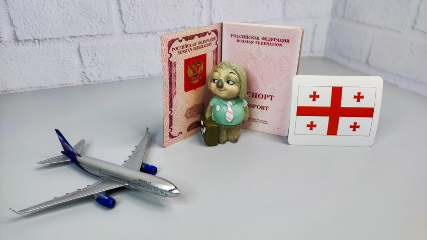 Российский загранпаспорт, флаг Грузии и модель самолета