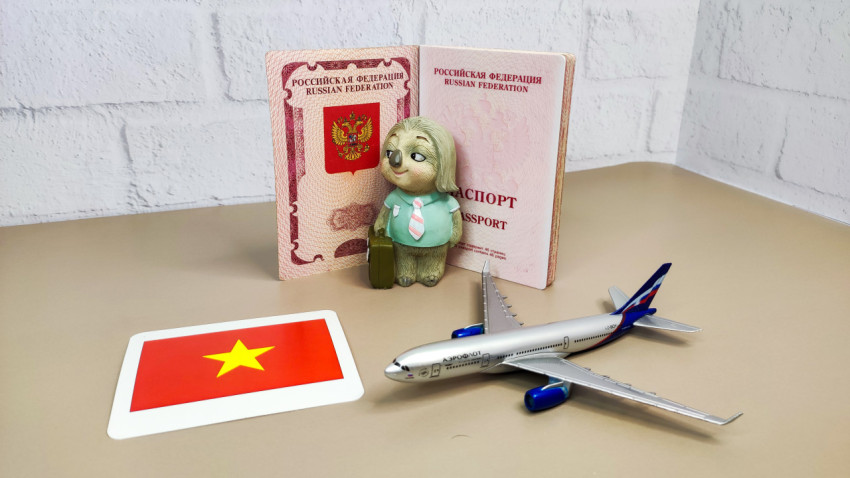 Загранпаспорт РФ, флаг Вьетнама и модель самолёта