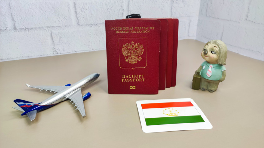 Загранпаспорта РФ, флаг Таджикистана и модель самолёта