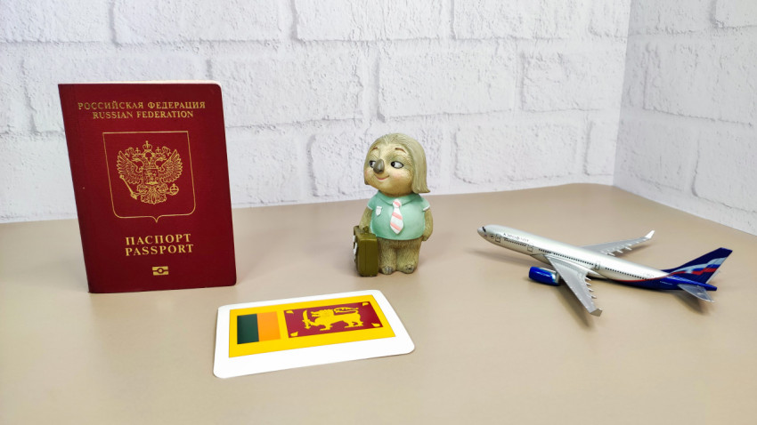 Загранпаспорт РФ, флаг Шри-Ланки и модель самолёта