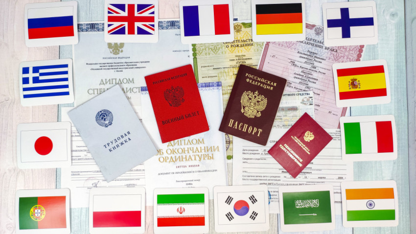 Личные документы и национальные флаги разных стран
