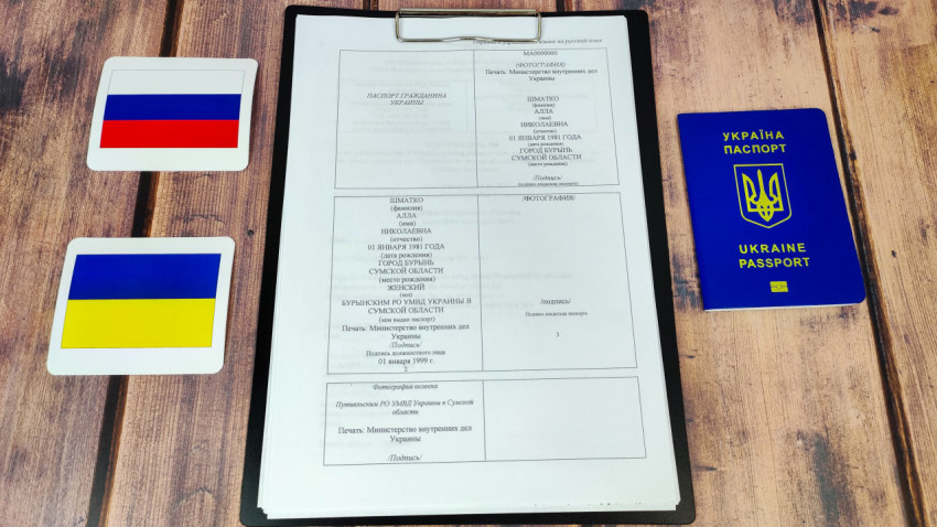 Перевод украинского паспорта с флагами России и Украины на деревянном фоне