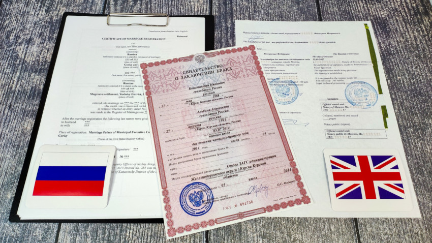Свидетельство о браке и нотариальный перевод с печатью и флагами России и Великобритании
