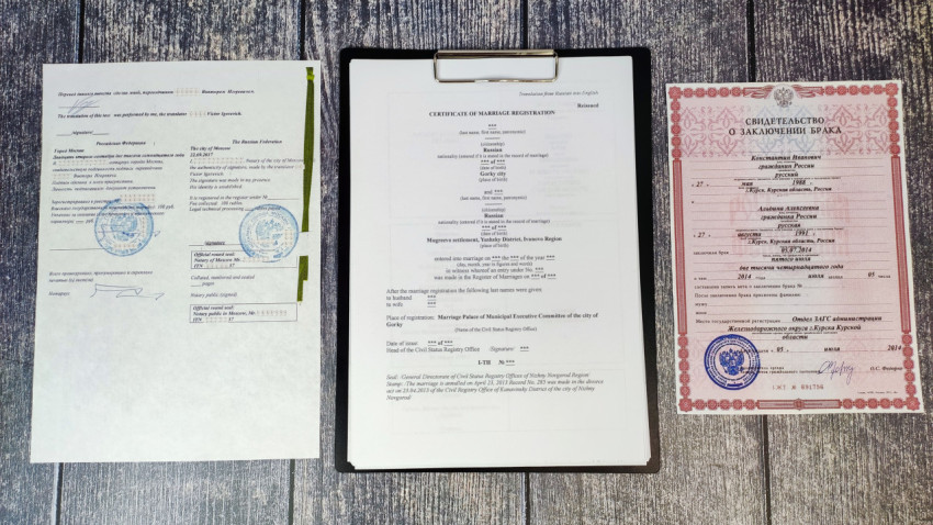 Свидетельство о браке и нотариально заверенный перевод на английский язык