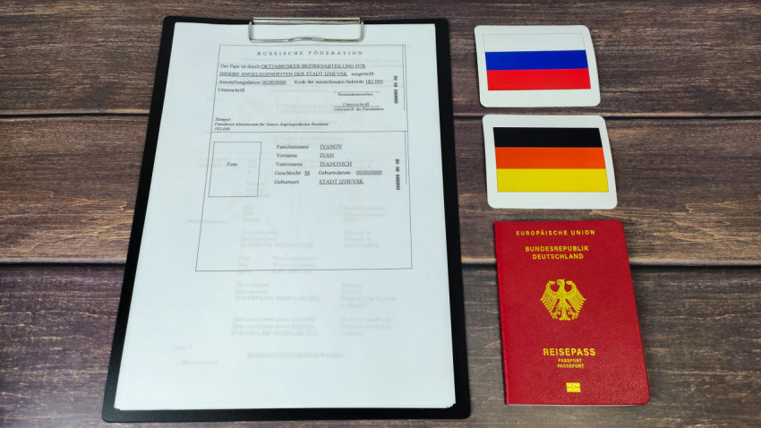 Немецкий паспорт и перевод российского документа с флагами России и Германии