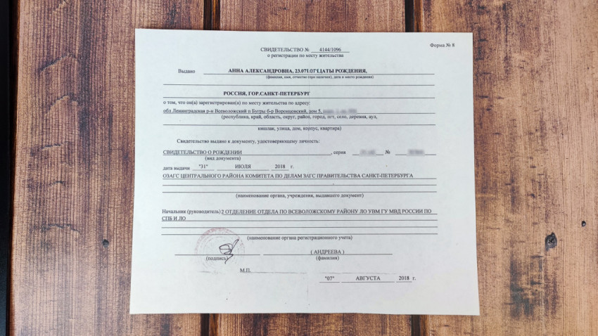 Свидетельство о регистрации по месту жительства (форма №8)
