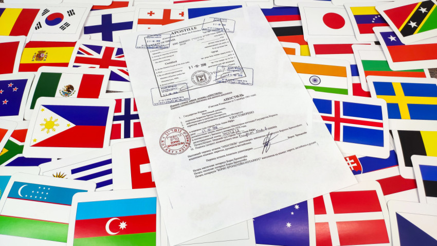 Документ с апостилем на фоне флагов стран мира