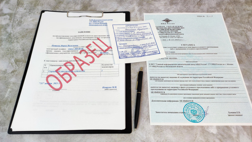 Заявление на апостиль, справка МВД и денежные купюры