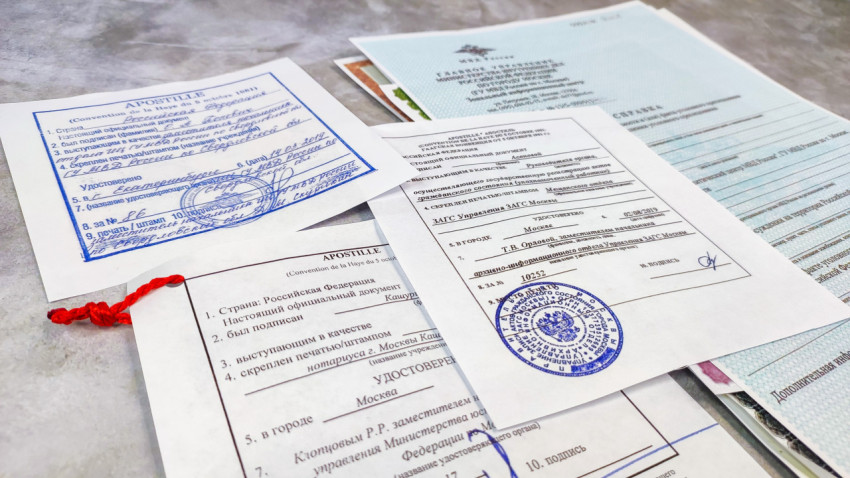 Апостили Российской Федерации и справка МВД на столе