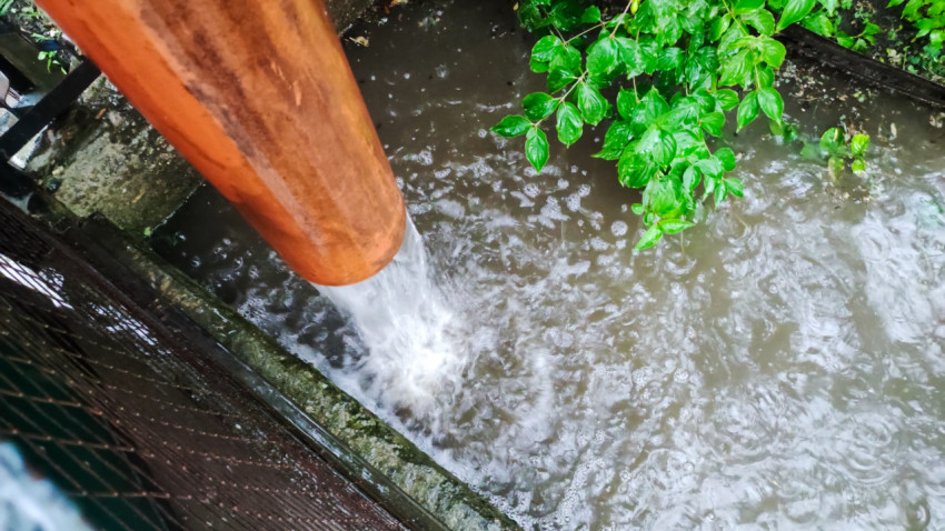 Слив дождевой воды из трубы в затопленный участок