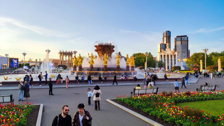 Фонтан «Дружба народов» на ВДНХ и цветочные клумбы на площади