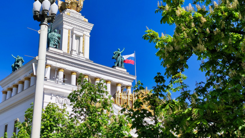 Фрагмент фасада Центрального павильона №1 ВДНХ и цветущие деревья