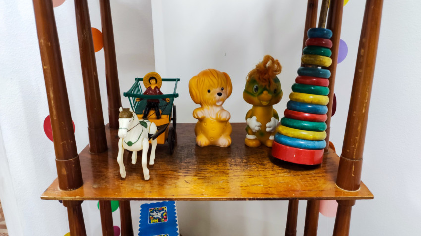 Фигурки животных и игрушечный транспорт на музейной полке