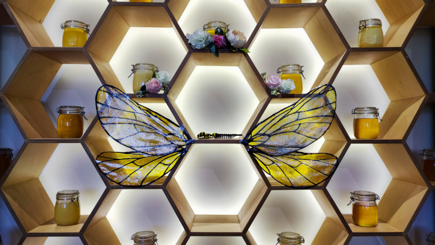 Декоративная инсталляция с крыльями пчелы и банками меда