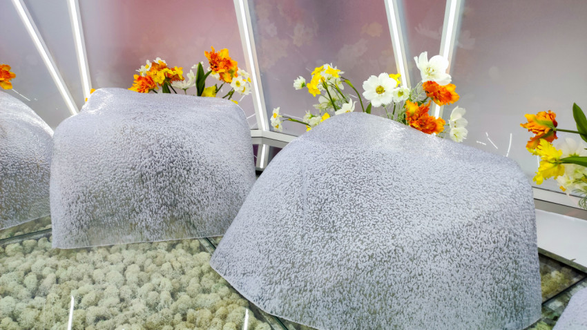 Декоративные элементы в виде льдин с цветами на выставочном стенде