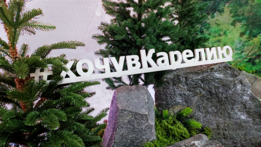 Надпись «#хочувКарелию» на фоне камней и декоративных елей