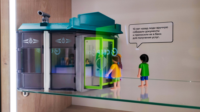 Макет банковского отделения с фигурками посетителей
