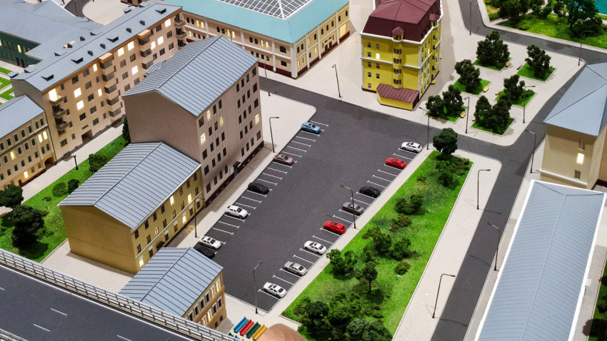 Макет жилого квартала с парковкой и дворовой территорией