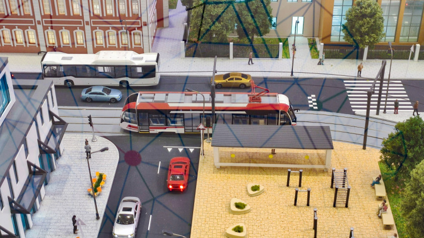 Макет городского перекрёстка с трамвайным движением