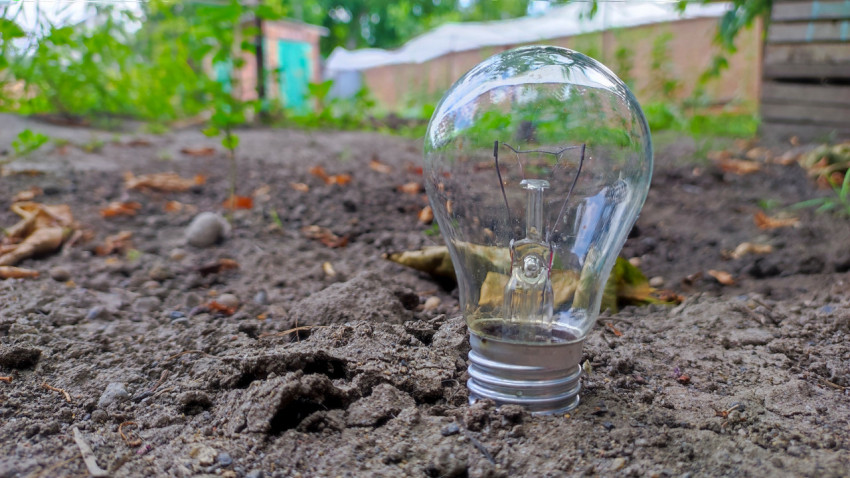 Лампа накаливания стоит на земле на дачном участке