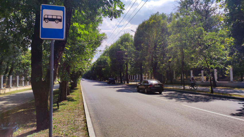 Знак автобусной остановки на аллее вдоль дороги в Городском парке Нальчика