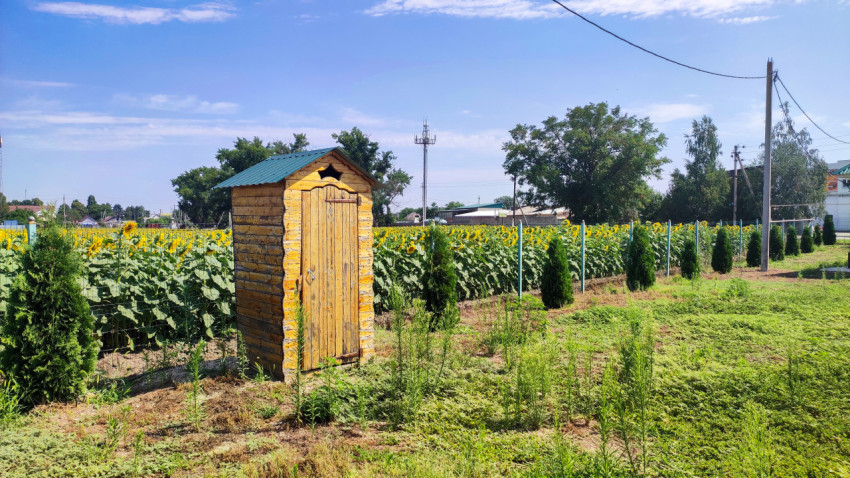 Туалетная кабинка у ограждения и поле подсолнухов в сельской местности