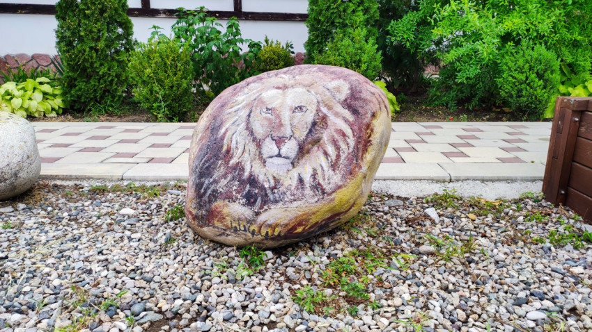 Декоративный камень с портретной росписью льва у дорожки и кустарников