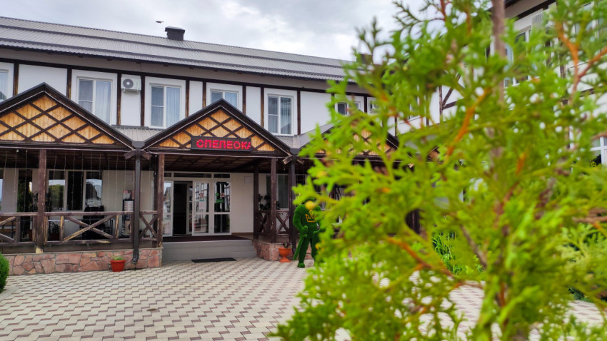 Вход в здание с вывеской «СПЕЛЕО…» частично закрыт хвойными ветвями