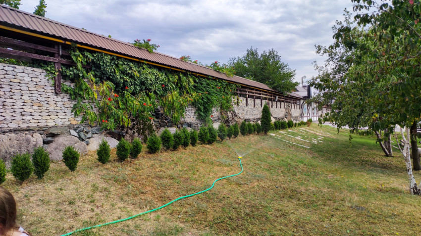 Каменная ограда с вьющимися растениями и поливом газона на территории комплекса