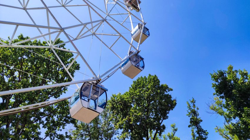 Кабинки колеса обозрения на фоне голубого неба и кроны деревьев
