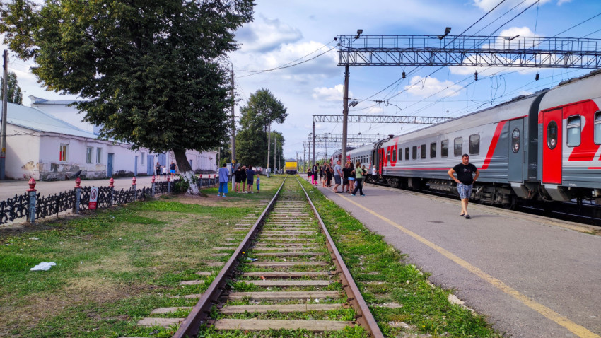 Железнодорожные пути между платформой и зелёной полосой рядом с поездом РЖД