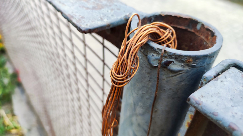 Моток медной проволоки на ржавой металлической стойке ограждения