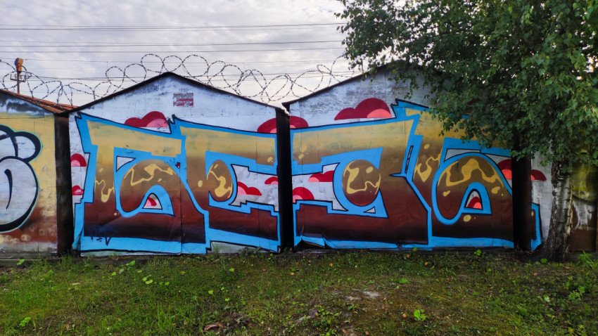 Стрит-арт на металлических воротах под колючей проволокой у промзоны