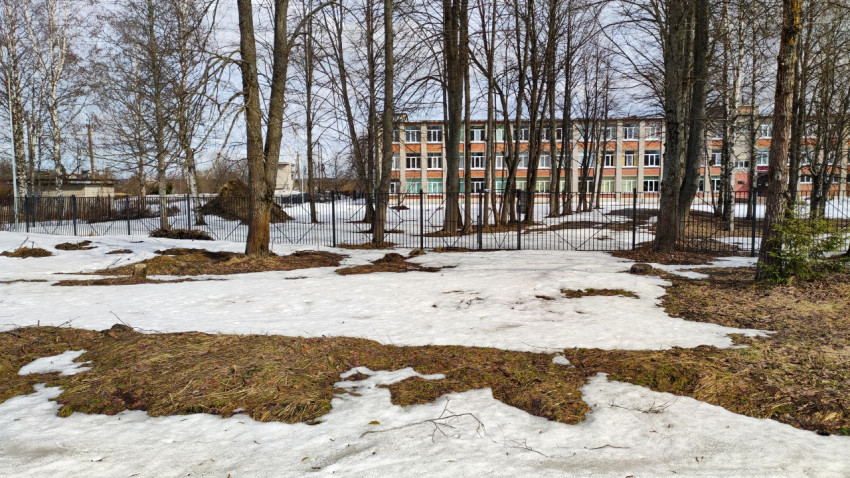 Весенний пейзаж с остатками снега в городском парке