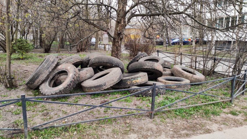 Брошенные шины на траве возле жилого дома