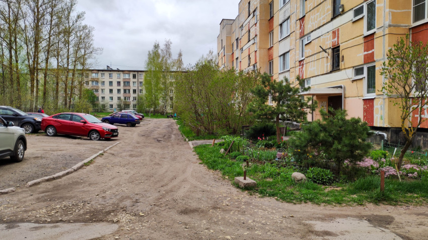 Двор многоквартирных домов с зелеными насаждениями и автомобилями