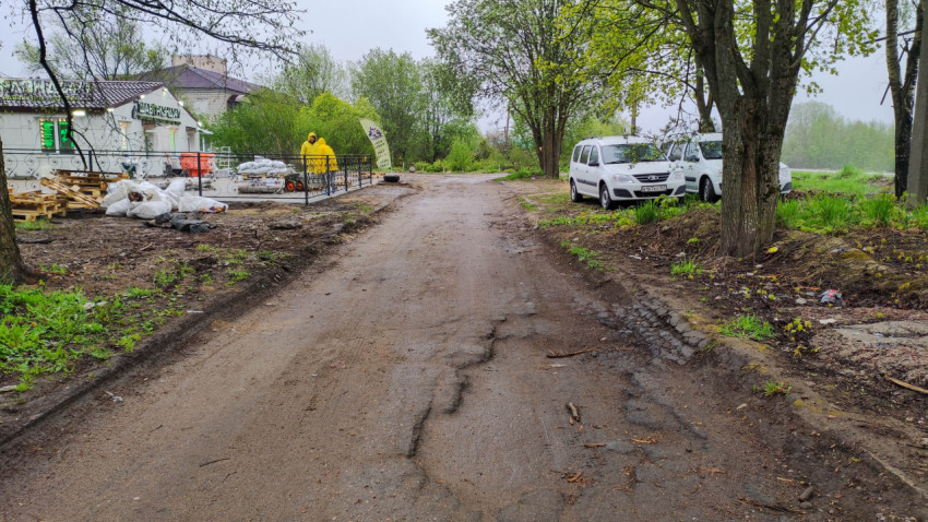 Мокрая дорога вдоль зелёных деревьев в дождливый день