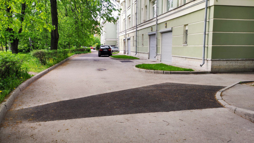 Асфальтированная дорога с зеленым ландшафтом в жилом районе