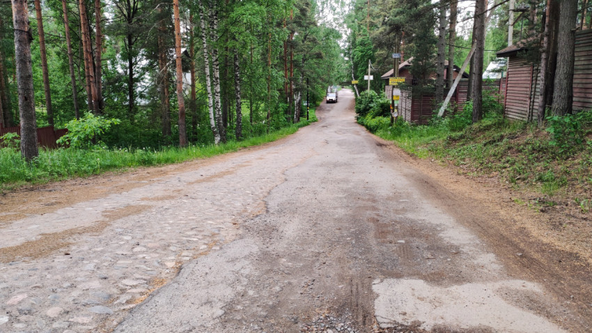 Дорога в лесу с гравием и асфальтом