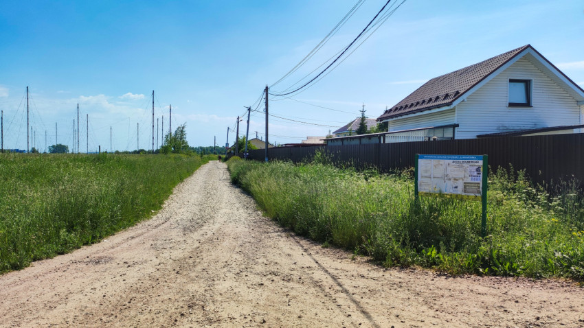 Дорога на окраине деревни с зелеными зарослями и домами
