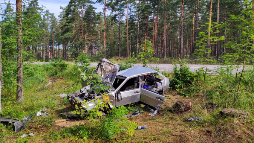Автомобиль в кювете после аварии в лесной местности