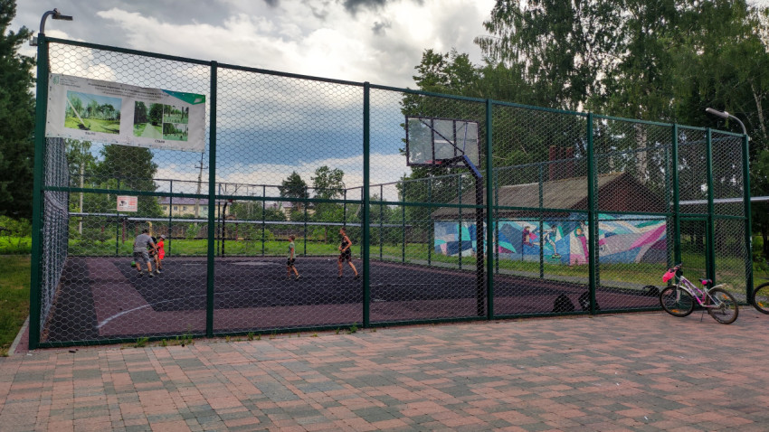 Дети играют в баскетбол на площадке в парке