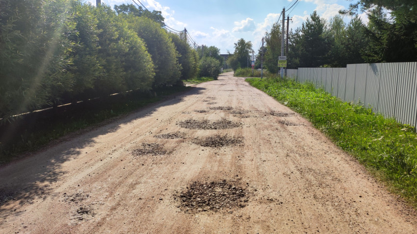 Деревенская грунтовая дорога с ямами и растительностью по краям
